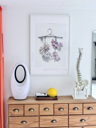 Blumenbild an der Wand über einer Kommode mit Obst und einer Skulptur eines menschlichen Skeletts.